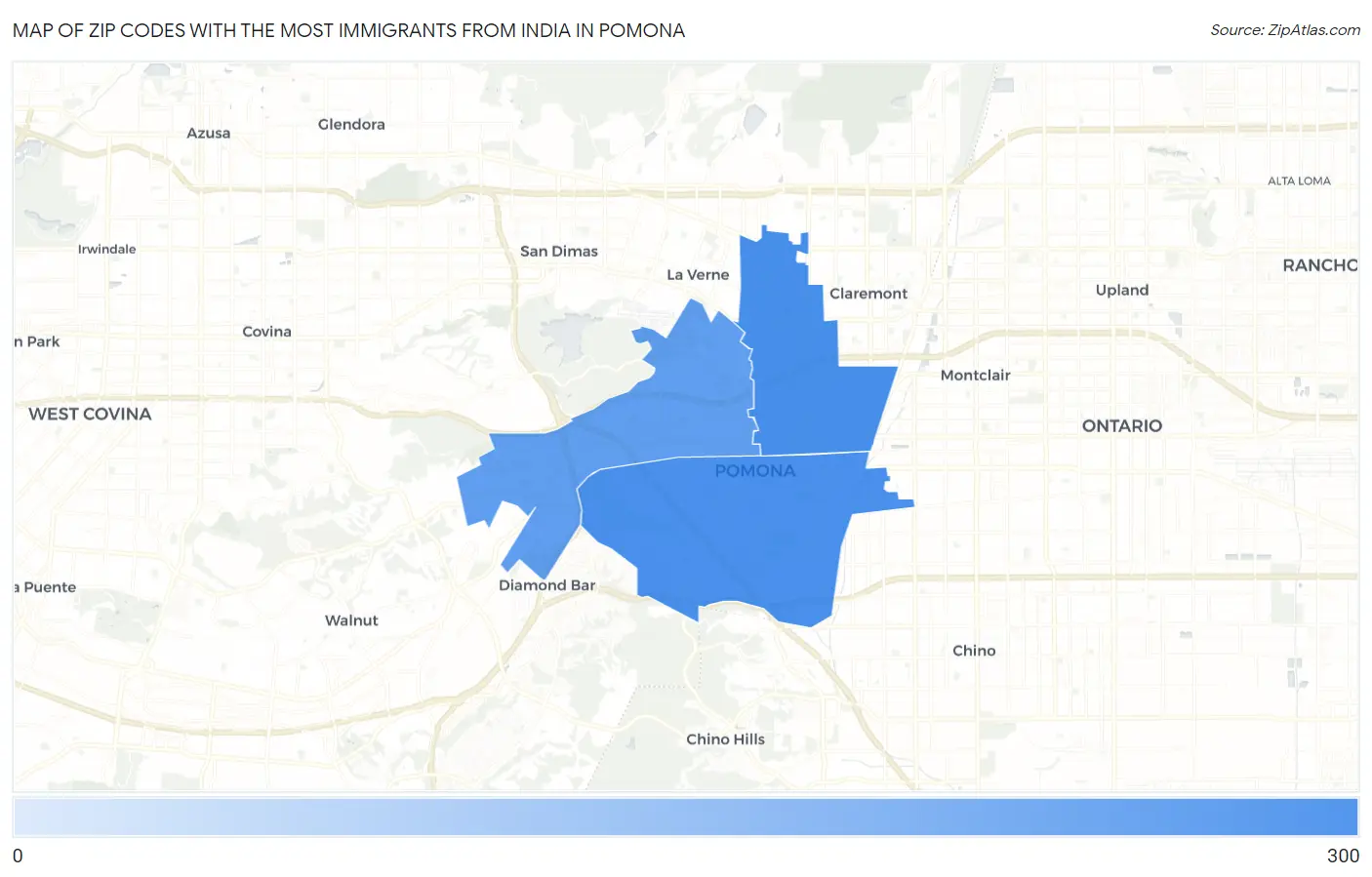 Zip Codes with the Most Immigrants from India in Pomona Map