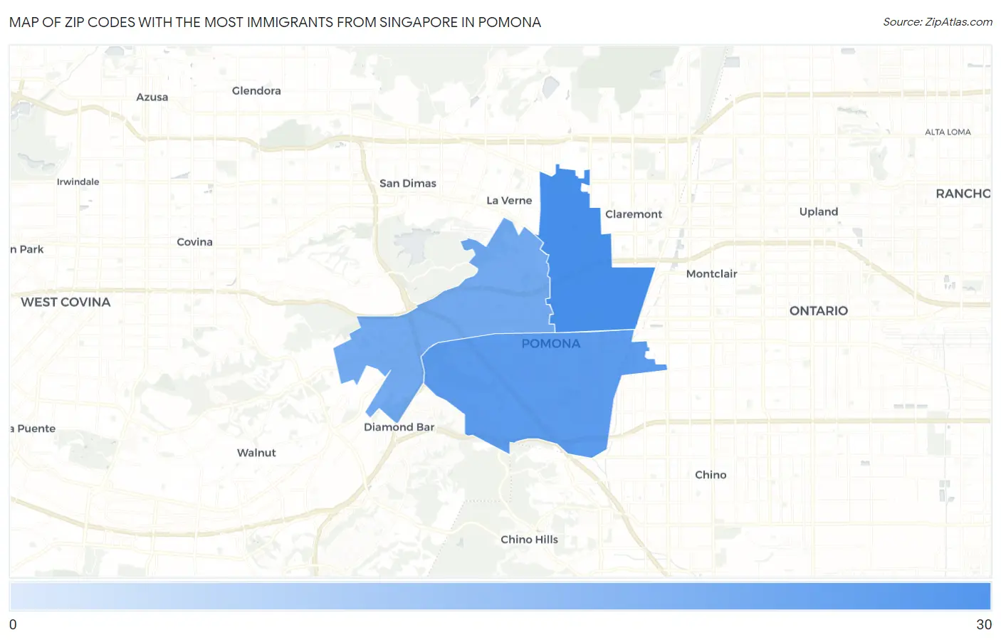 Zip Codes with the Most Immigrants from Singapore in Pomona Map