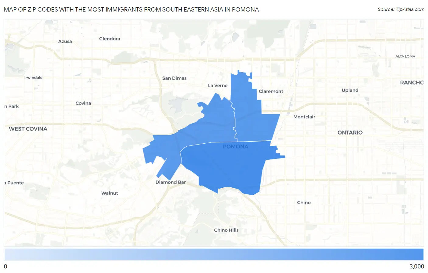 Zip Codes with the Most Immigrants from South Eastern Asia in Pomona Map