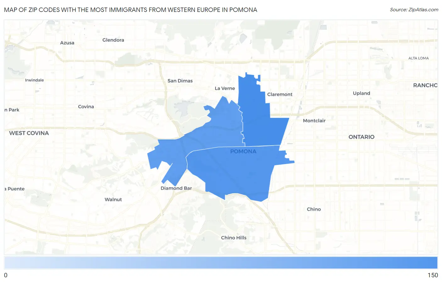 Zip Codes with the Most Immigrants from Western Europe in Pomona Map