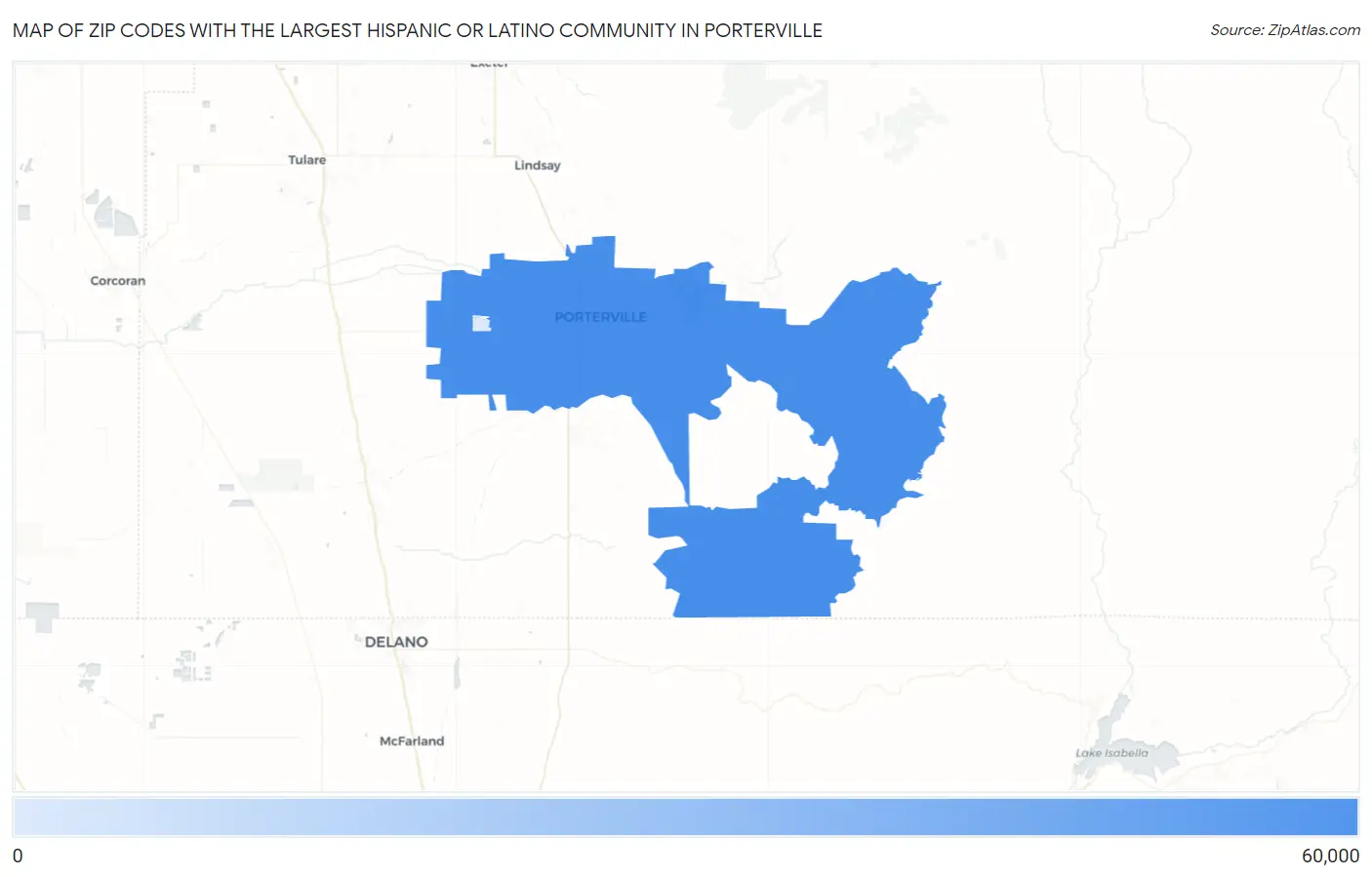 Zip Codes with the Largest Hispanic or Latino Community in Porterville Map