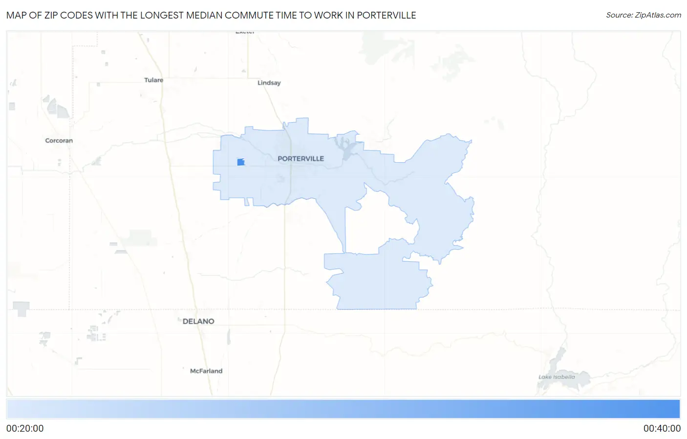 Zip Codes with the Longest Median Commute Time to Work in Porterville Map