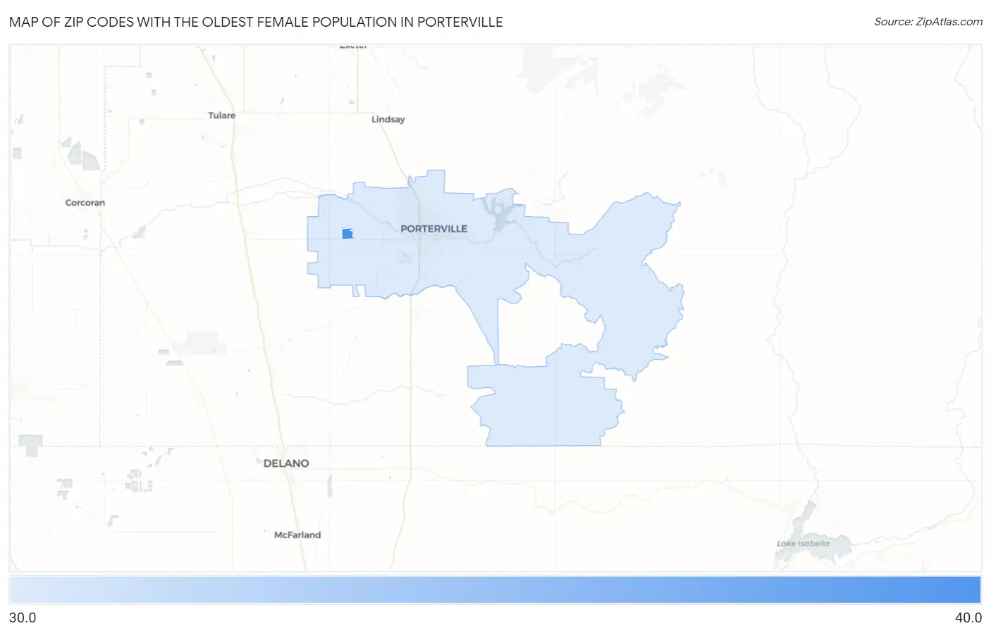 Zip Codes with the Oldest Female Population in Porterville Map