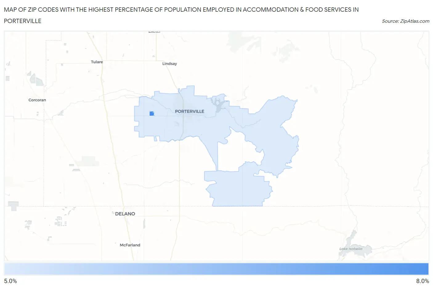 Zip Codes with the Highest Percentage of Population Employed in Accommodation & Food Services in Porterville Map