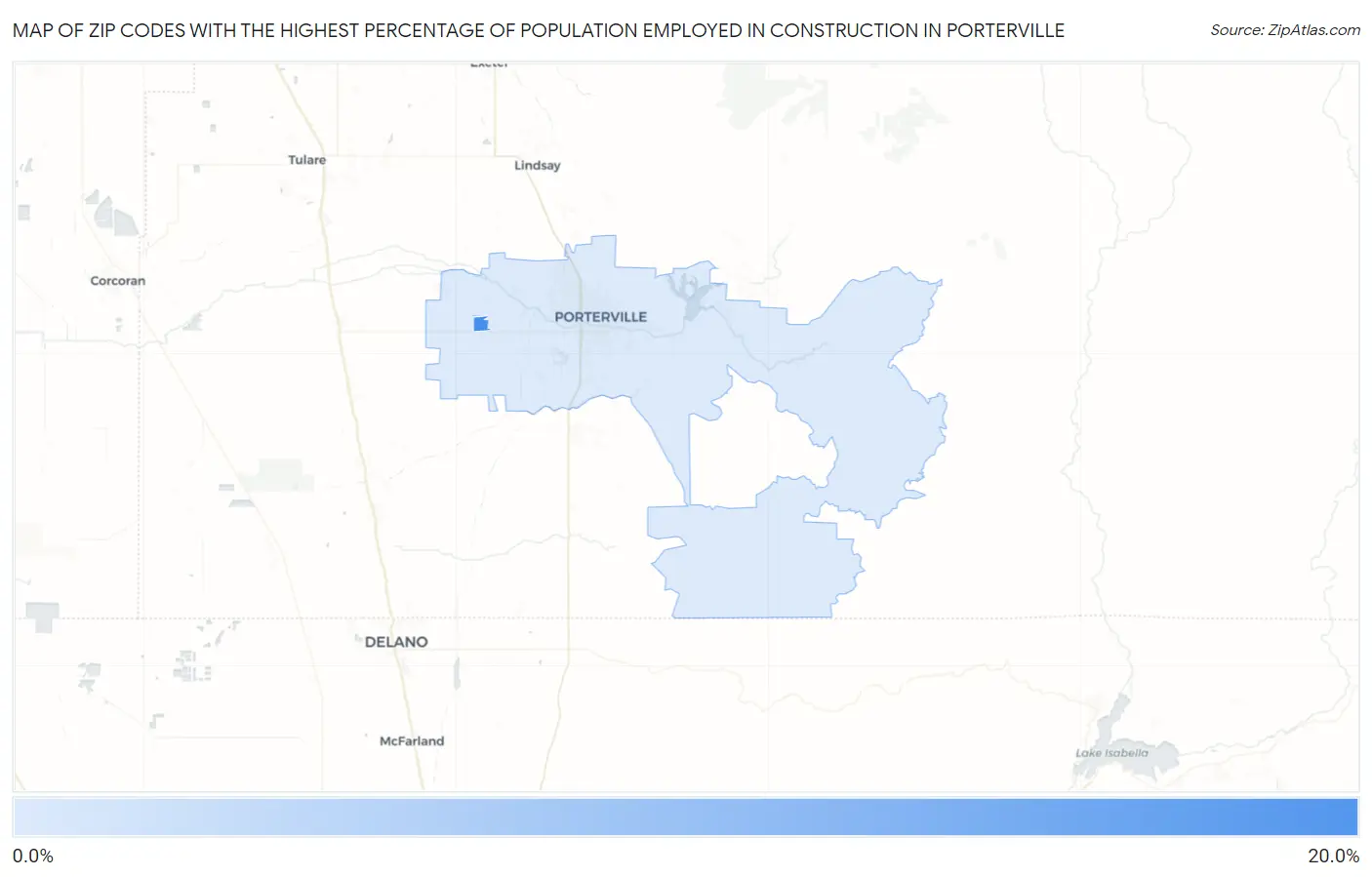 Zip Codes with the Highest Percentage of Population Employed in Construction in Porterville Map