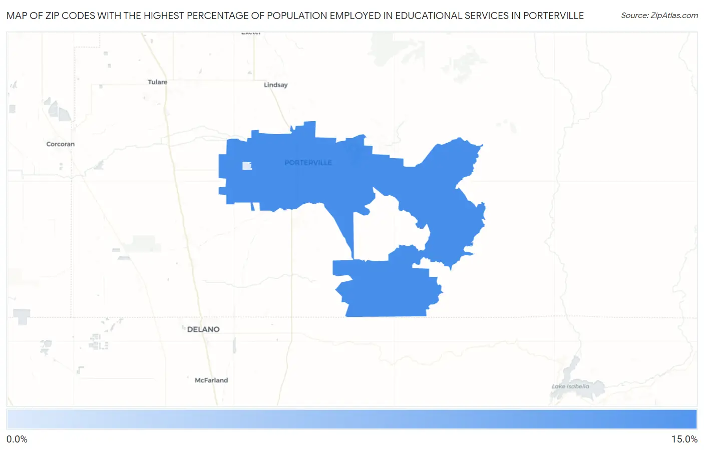 Zip Codes with the Highest Percentage of Population Employed in Educational Services in Porterville Map