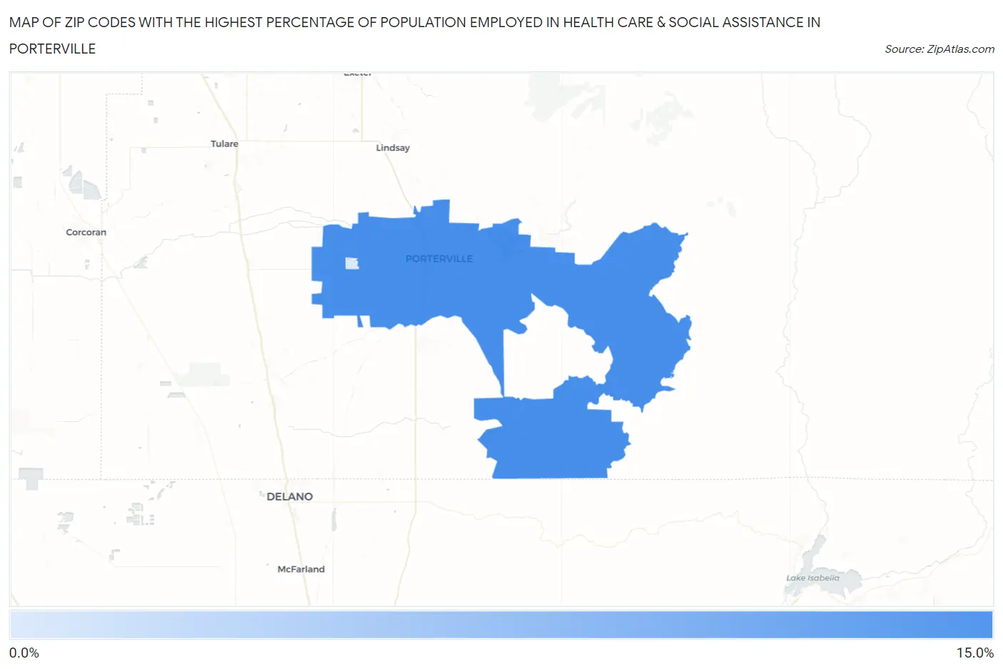 Zip Codes with the Highest Percentage of Population Employed in Health Care & Social Assistance in Porterville Map