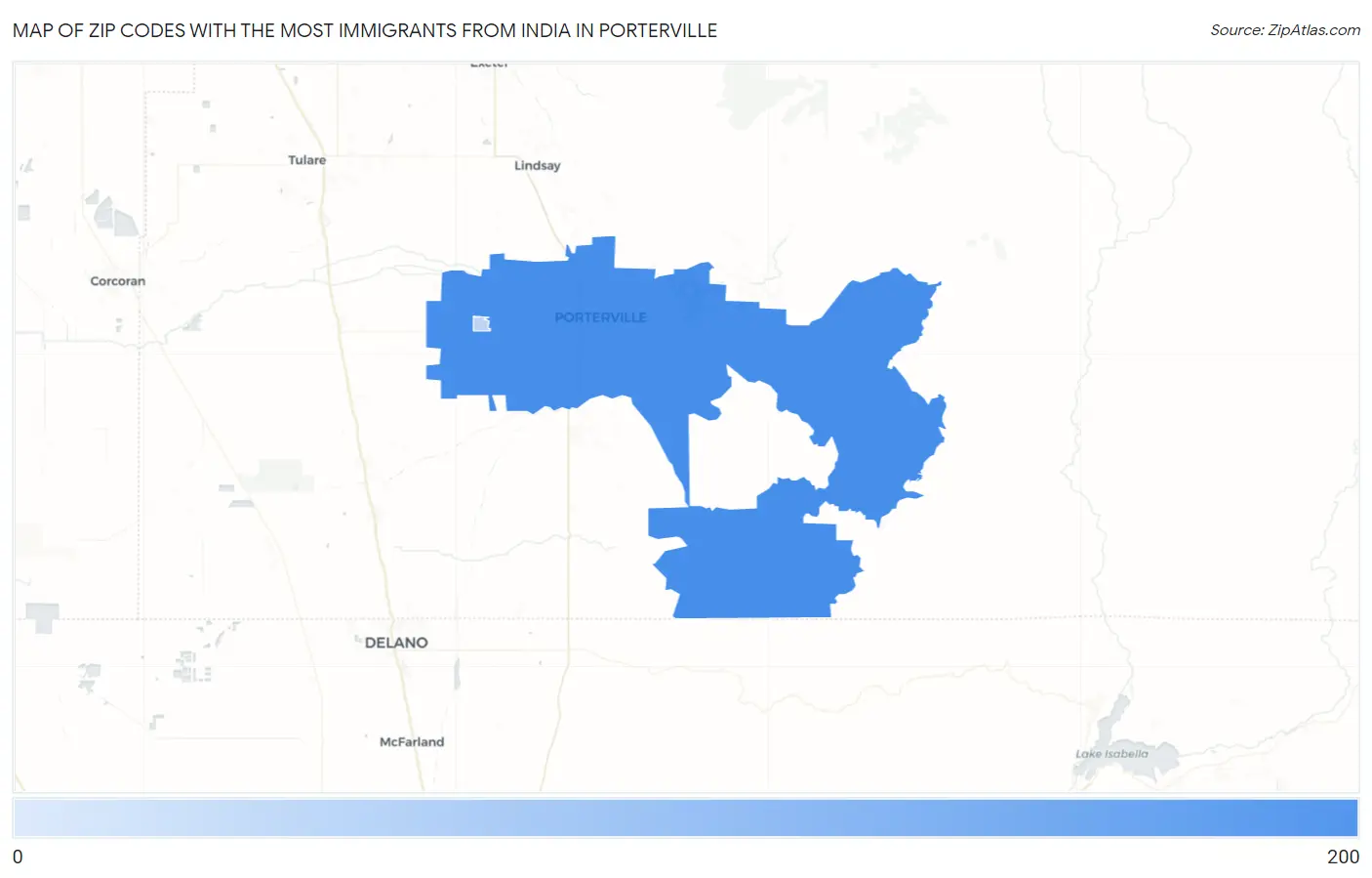 Zip Codes with the Most Immigrants from India in Porterville Map
