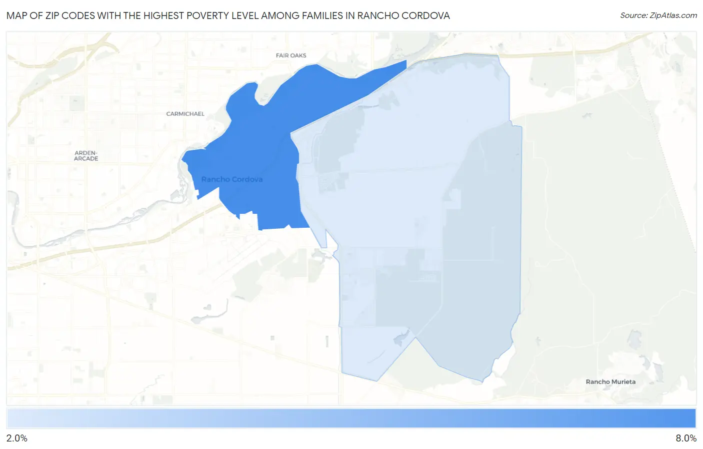 Zip Codes with the Highest Poverty Level Among Families in Rancho Cordova Map