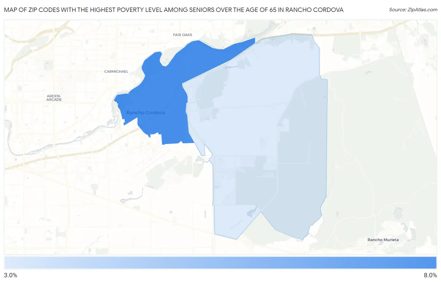 Zip Codes with the Highest Poverty Level Among Seniors Over the Age of 65 in Rancho Cordova Map