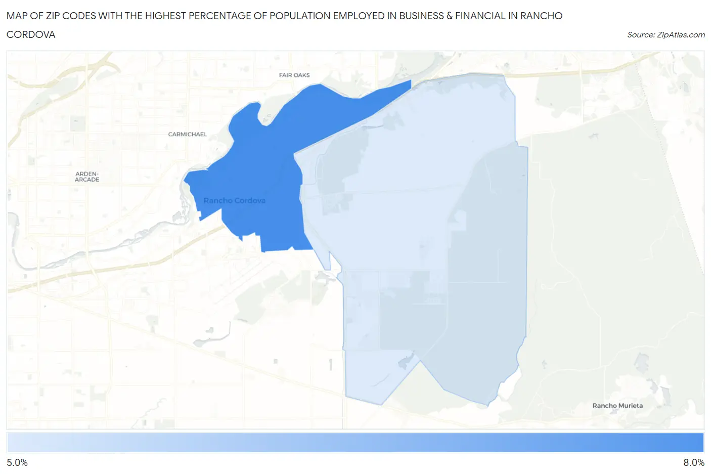 Zip Codes with the Highest Percentage of Population Employed in Business & Financial in Rancho Cordova Map