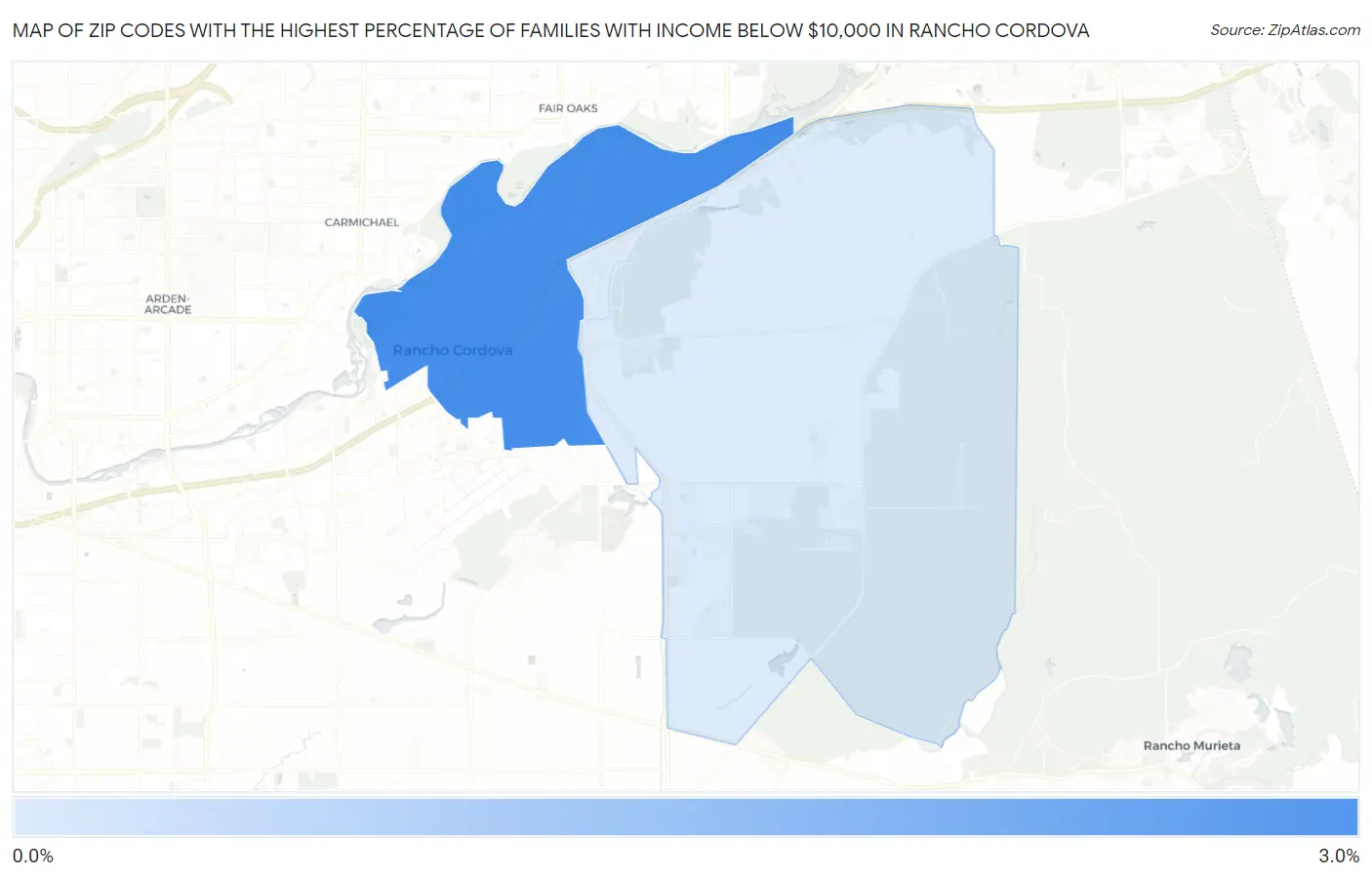 Zip Codes with the Highest Percentage of Families with Income Below $10,000 in Rancho Cordova Map