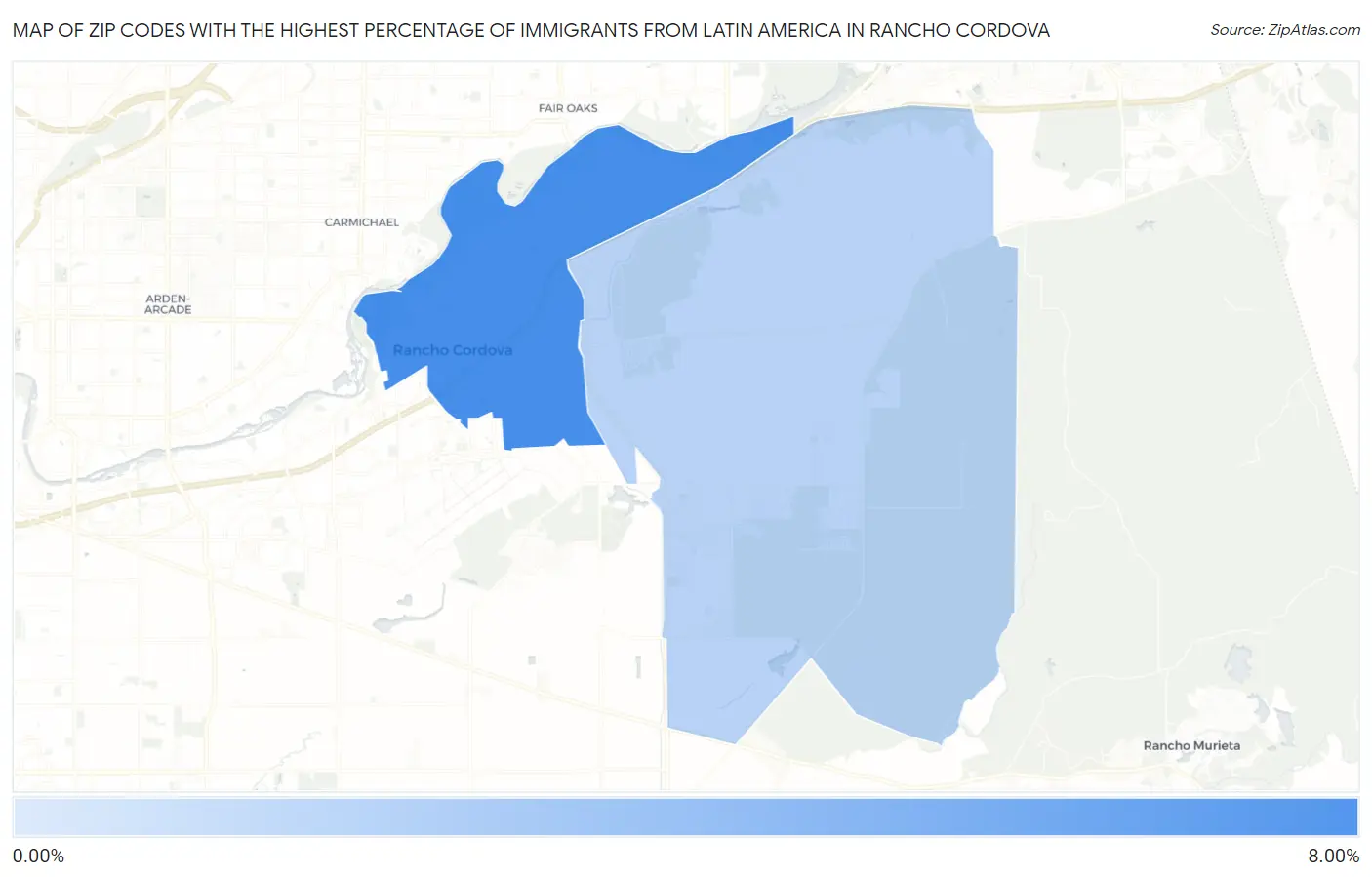 Zip Codes with the Highest Percentage of Immigrants from Latin America in Rancho Cordova Map