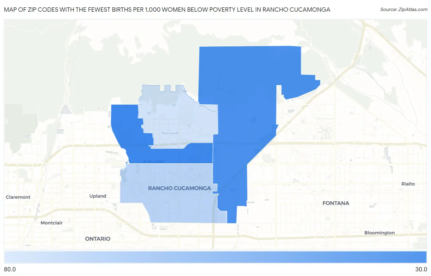 Zip Codes with the Fewest Births per 1,000 Women Below Poverty Level in Rancho Cucamonga Map