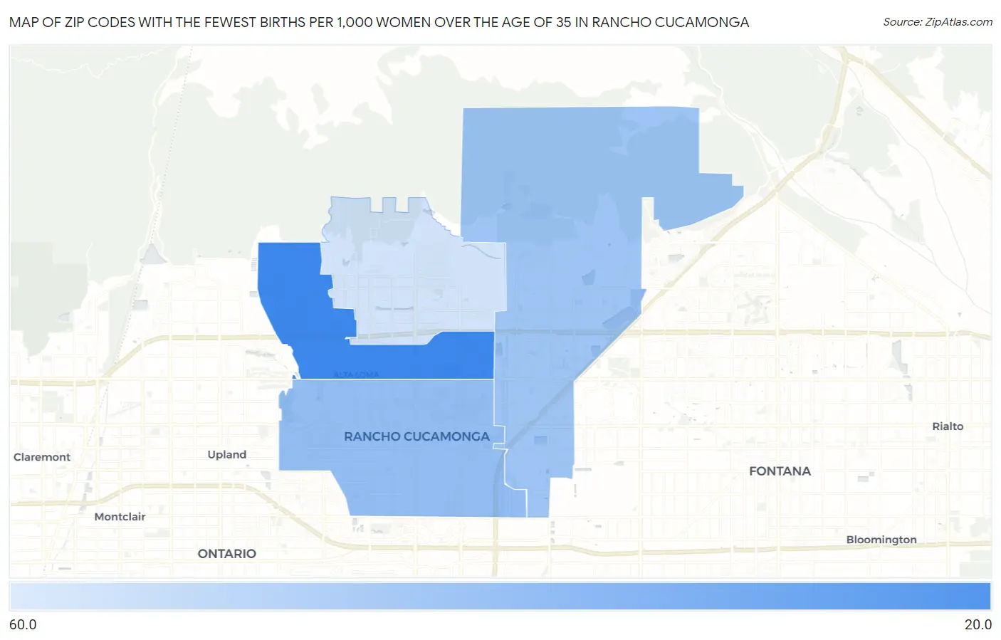 Zip Codes with the Fewest Births per 1,000 Women Over the Age of 35 in Rancho Cucamonga Map