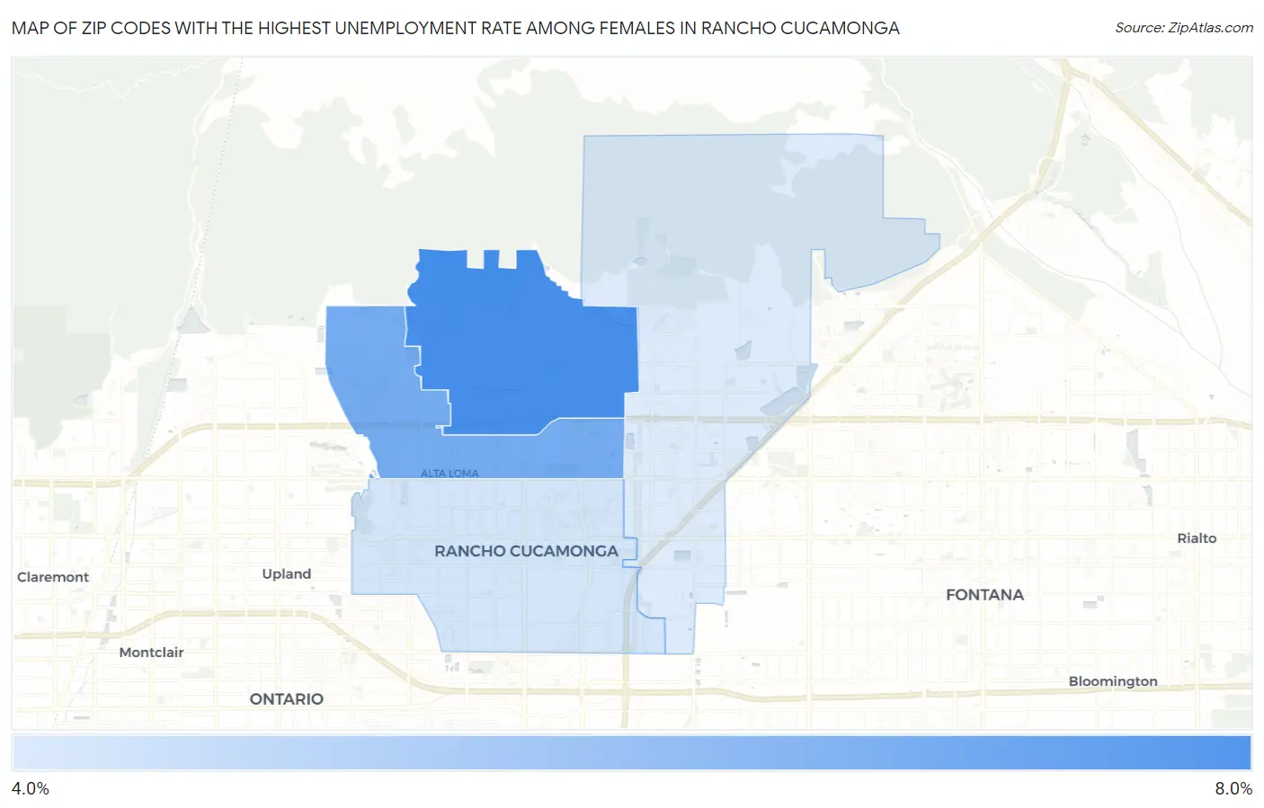 Zip Codes with the Highest Unemployment Rate Among Females in Rancho Cucamonga Map