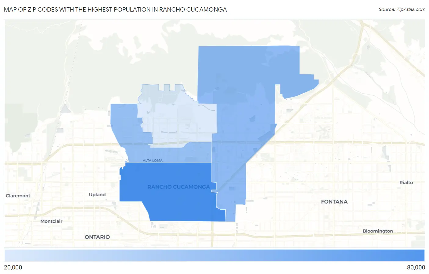 Zip Codes with the Highest Population in Rancho Cucamonga Map