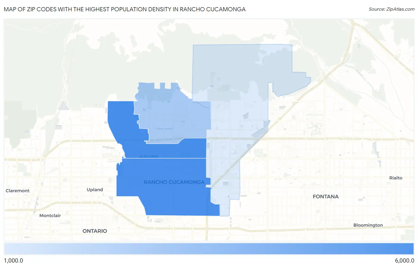 Zip Codes with the Highest Population Density in Rancho Cucamonga Map