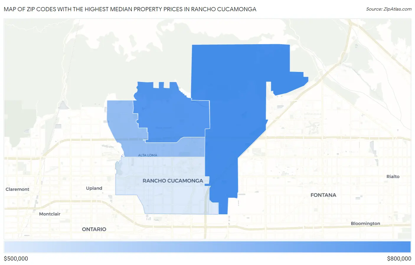 Zip Codes with the Highest Median Property Prices in Rancho Cucamonga Map