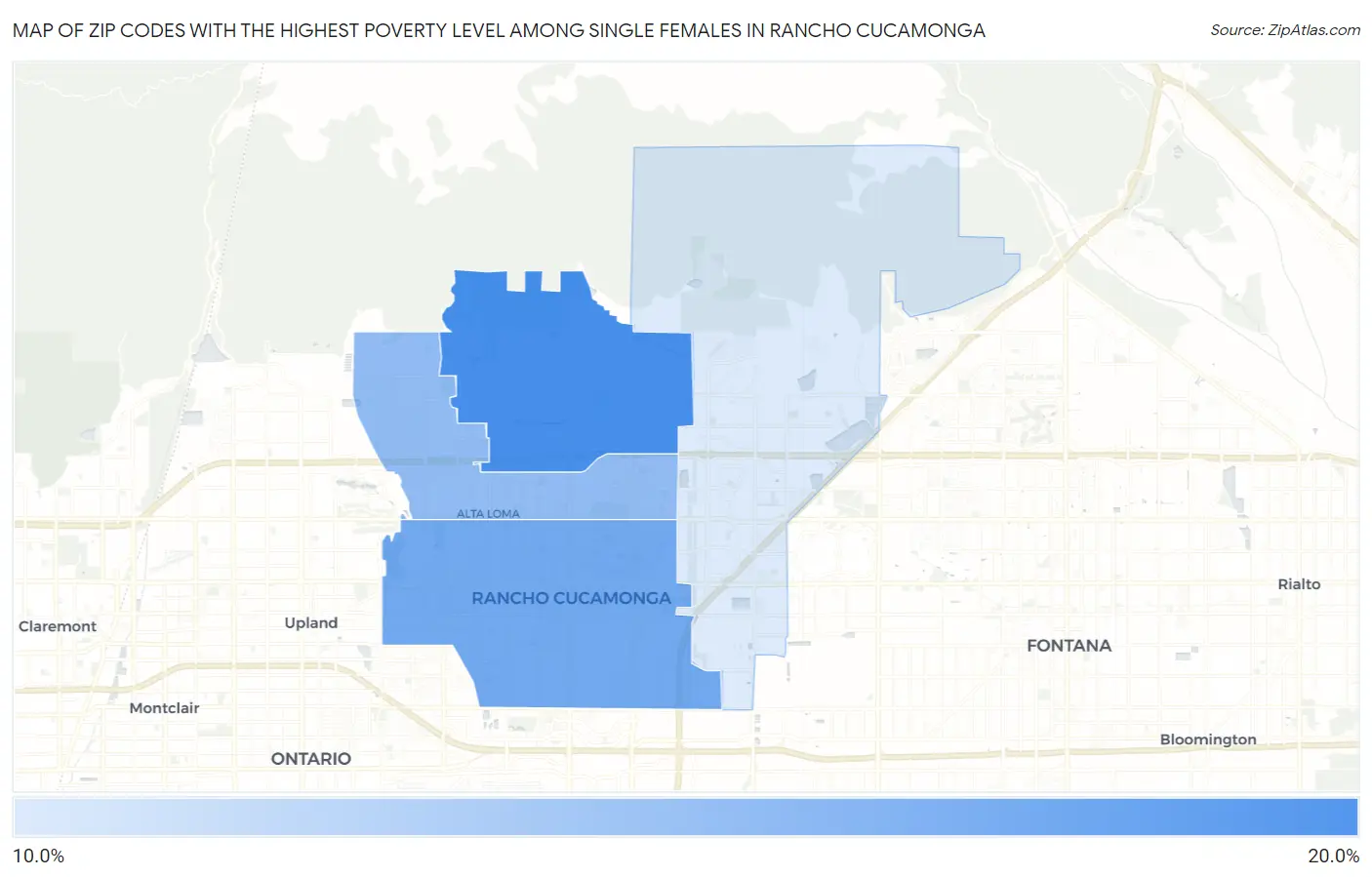Zip Codes with the Highest Poverty Level Among Single Females in Rancho Cucamonga Map