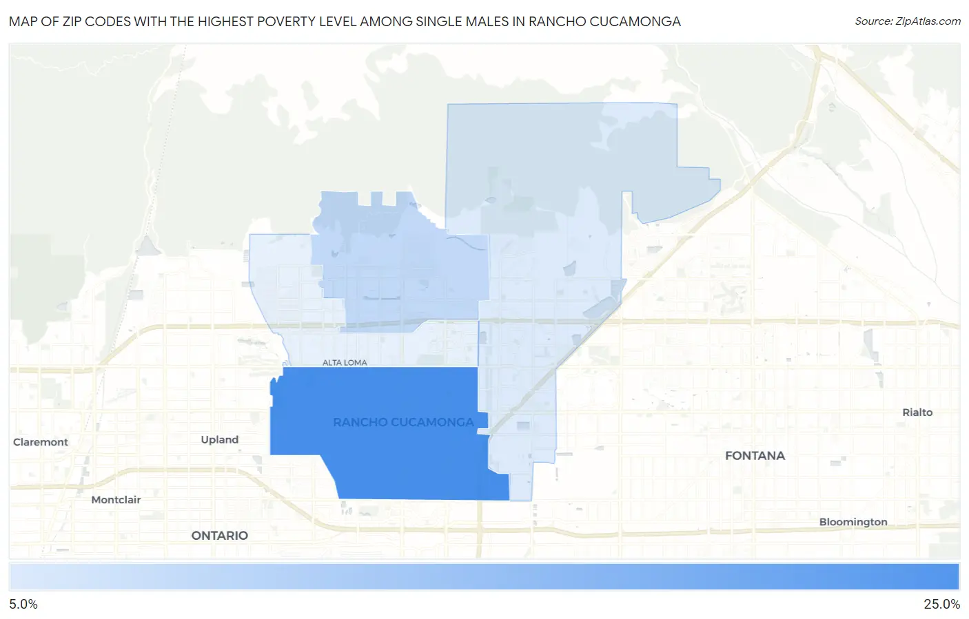 Zip Codes with the Highest Poverty Level Among Single Males in Rancho Cucamonga Map