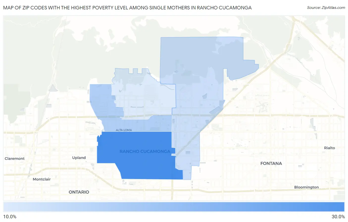 Zip Codes with the Highest Poverty Level Among Single Mothers in Rancho Cucamonga Map