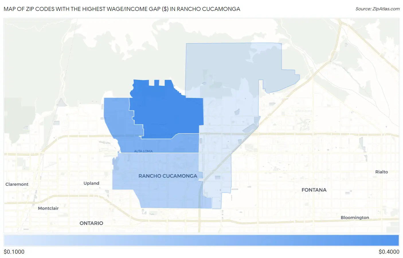 Zip Codes with the Highest Wage/Income Gap ($) in Rancho Cucamonga Map