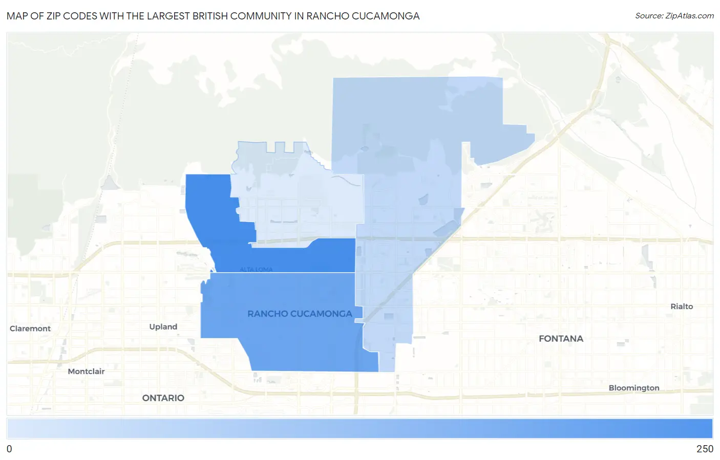Zip Codes with the Largest British Community in Rancho Cucamonga Map