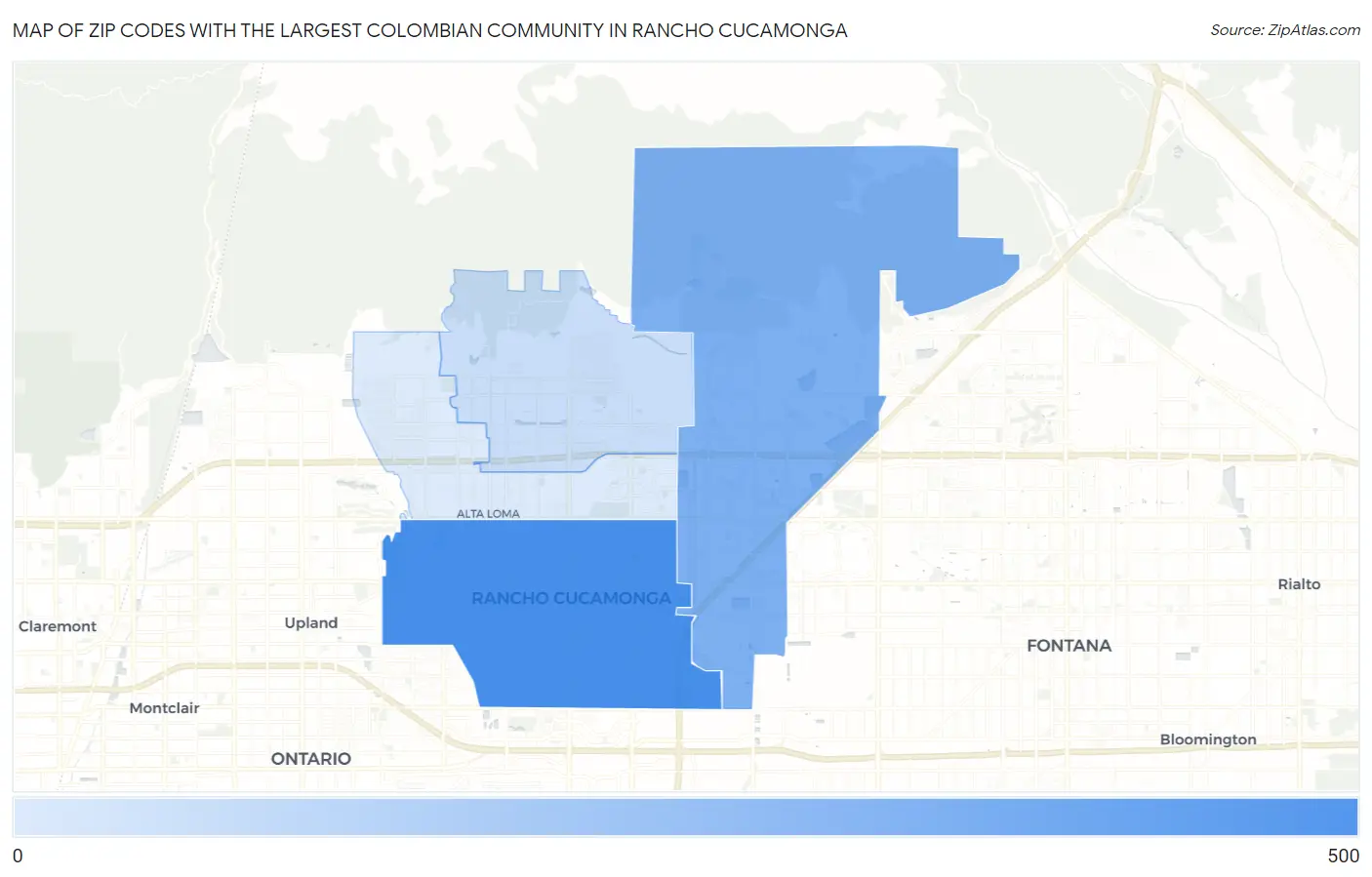 Zip Codes with the Largest Colombian Community in Rancho Cucamonga Map