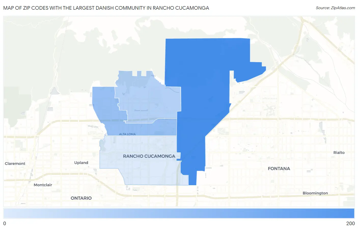 Zip Codes with the Largest Danish Community in Rancho Cucamonga Map