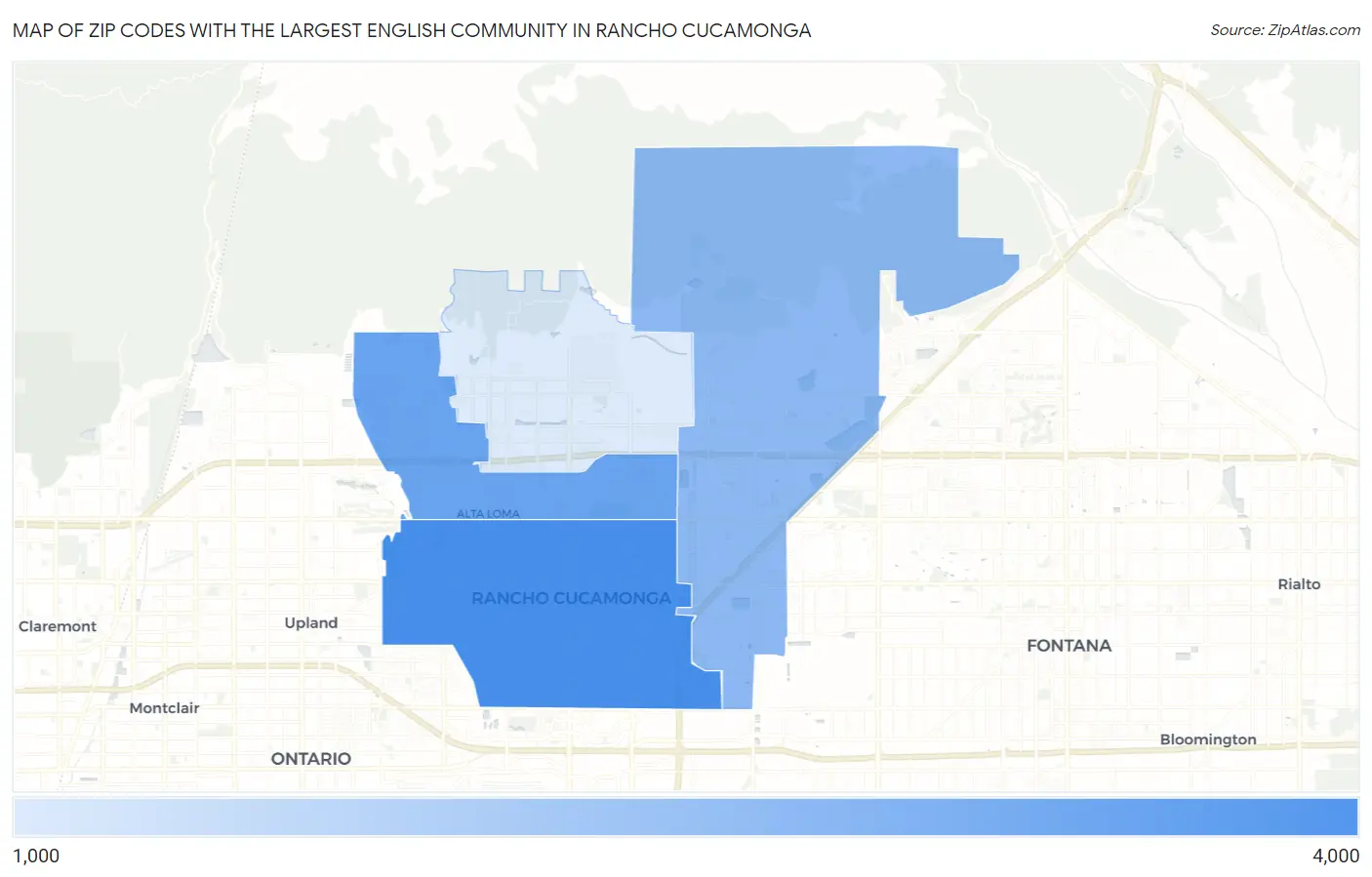 Zip Codes with the Largest English Community in Rancho Cucamonga Map