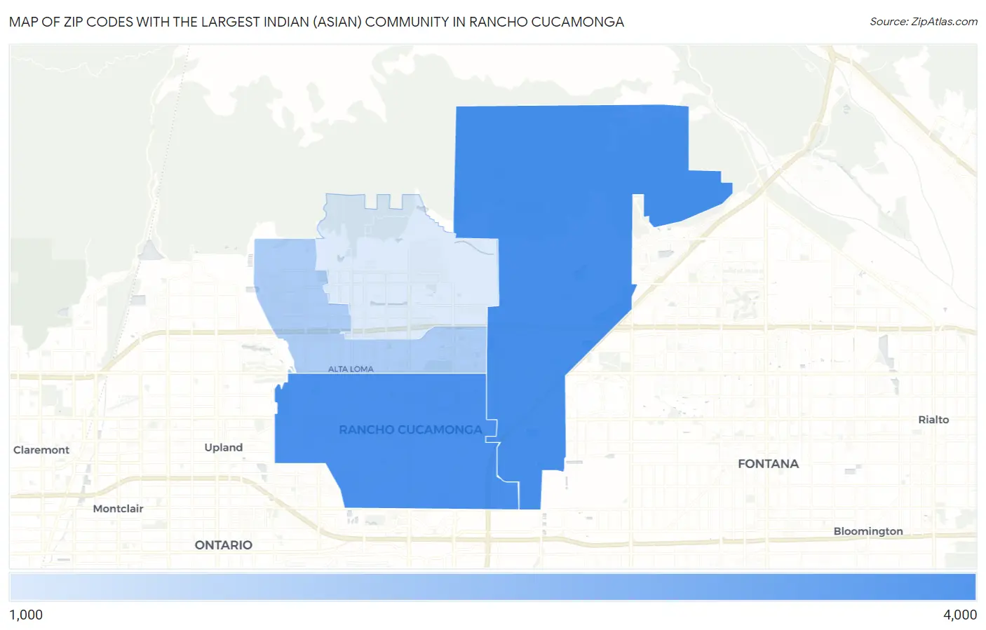 Zip Codes with the Largest Indian (Asian) Community in Rancho Cucamonga Map