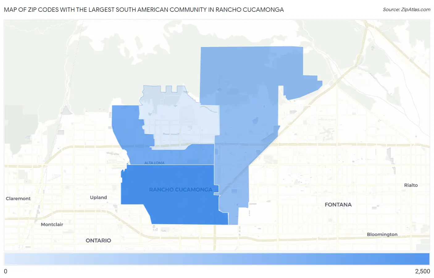Zip Codes with the Largest South American Community in Rancho Cucamonga Map