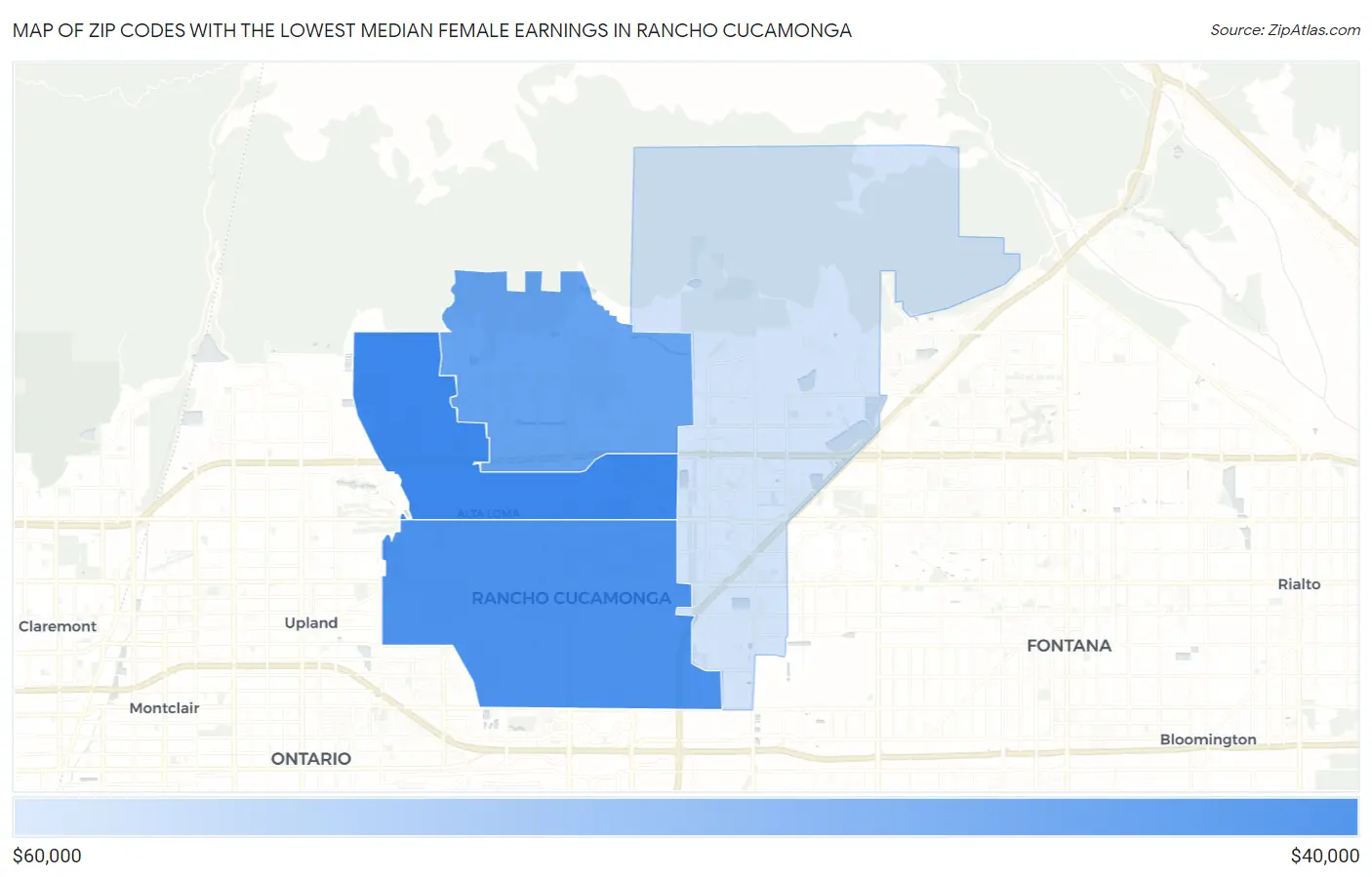 Zip Codes with the Lowest Median Female Earnings in Rancho Cucamonga Map
