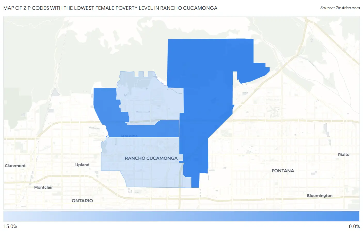 Zip Codes with the Lowest Female Poverty Level in Rancho Cucamonga Map