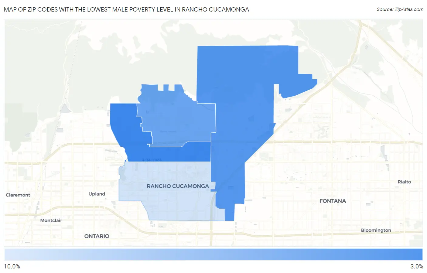 Zip Codes with the Lowest Male Poverty Level in Rancho Cucamonga Map