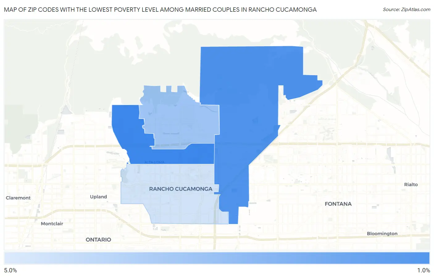 Zip Codes with the Lowest Poverty Level Among Married Couples in Rancho Cucamonga Map