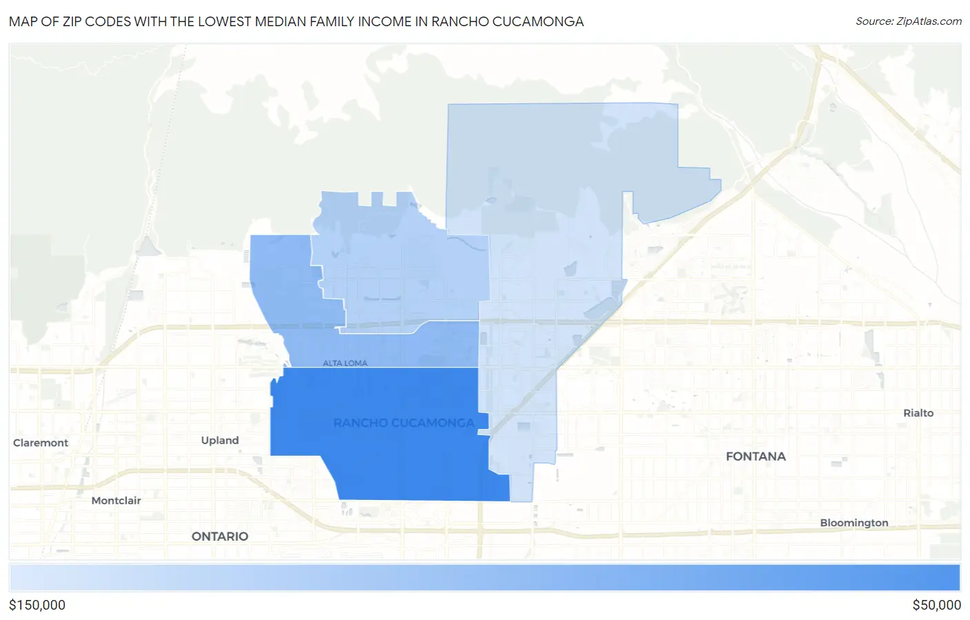 Zip Codes with the Lowest Median Family Income in Rancho Cucamonga Map