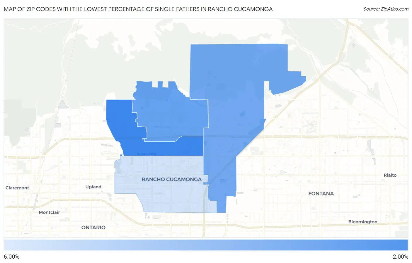 Zip Codes with the Lowest Percentage of Single Fathers in Rancho Cucamonga Map