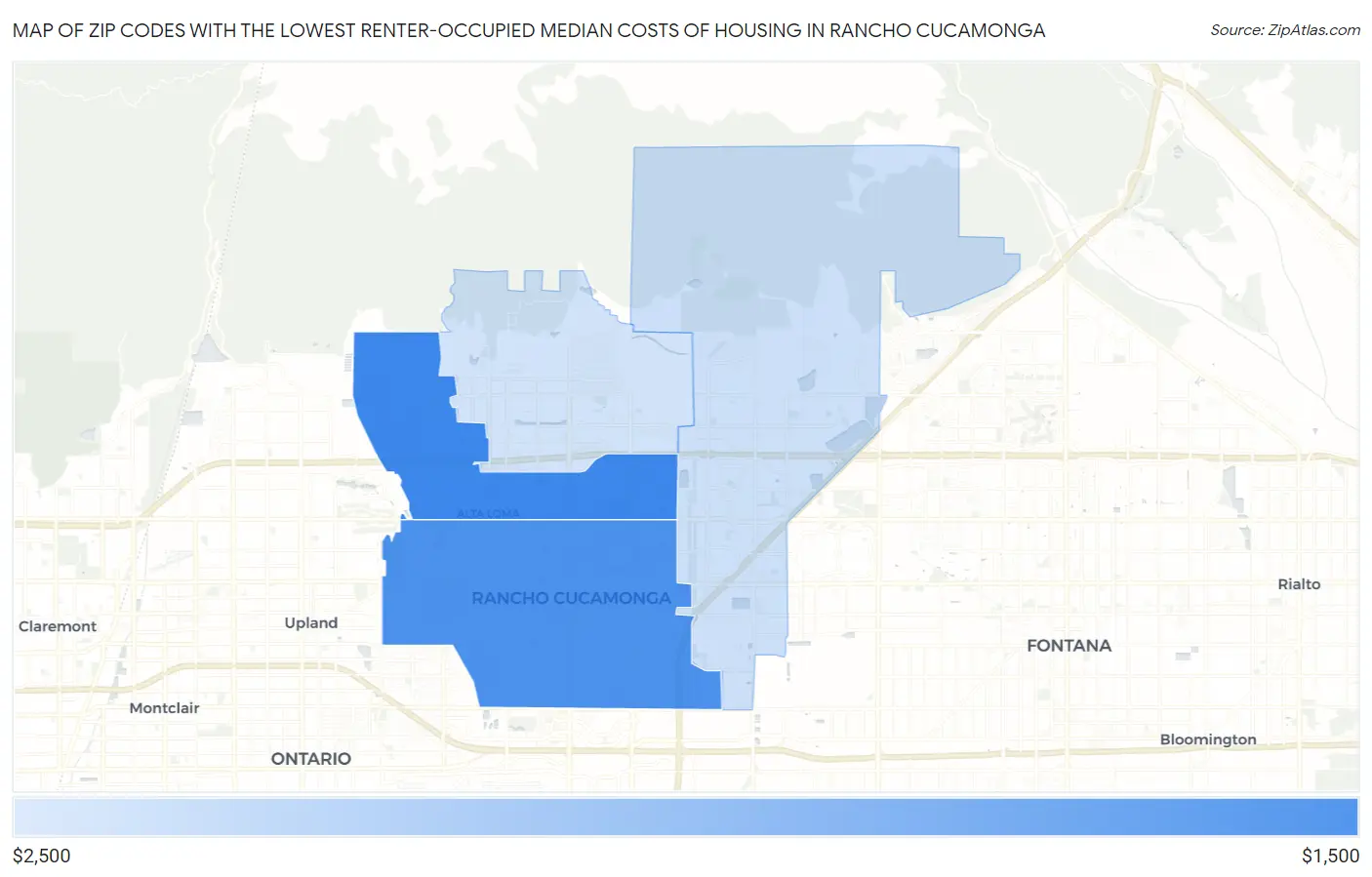 Zip Codes with the Lowest Renter-Occupied Median Costs of Housing in Rancho Cucamonga Map