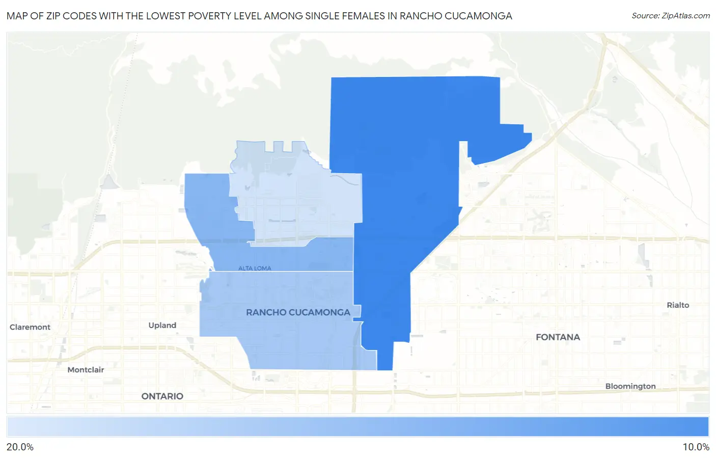 Zip Codes with the Lowest Poverty Level Among Single Females in Rancho Cucamonga Map