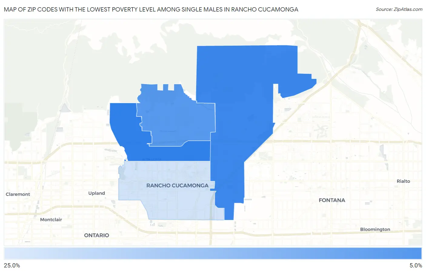 Zip Codes with the Lowest Poverty Level Among Single Males in Rancho Cucamonga Map