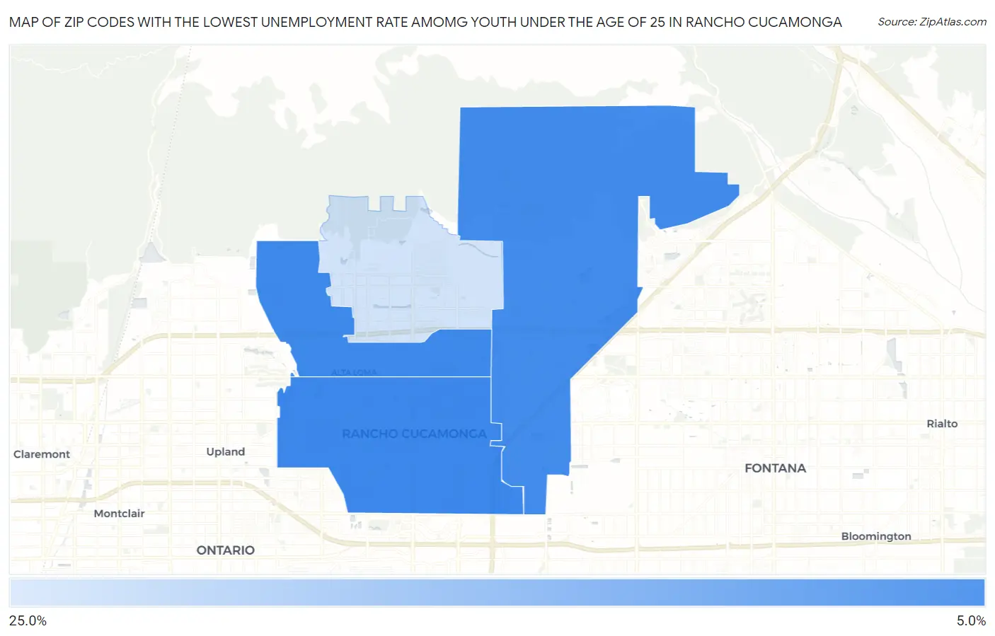 Zip Codes with the Lowest Unemployment Rate Amomg Youth Under the Age of 25 in Rancho Cucamonga Map