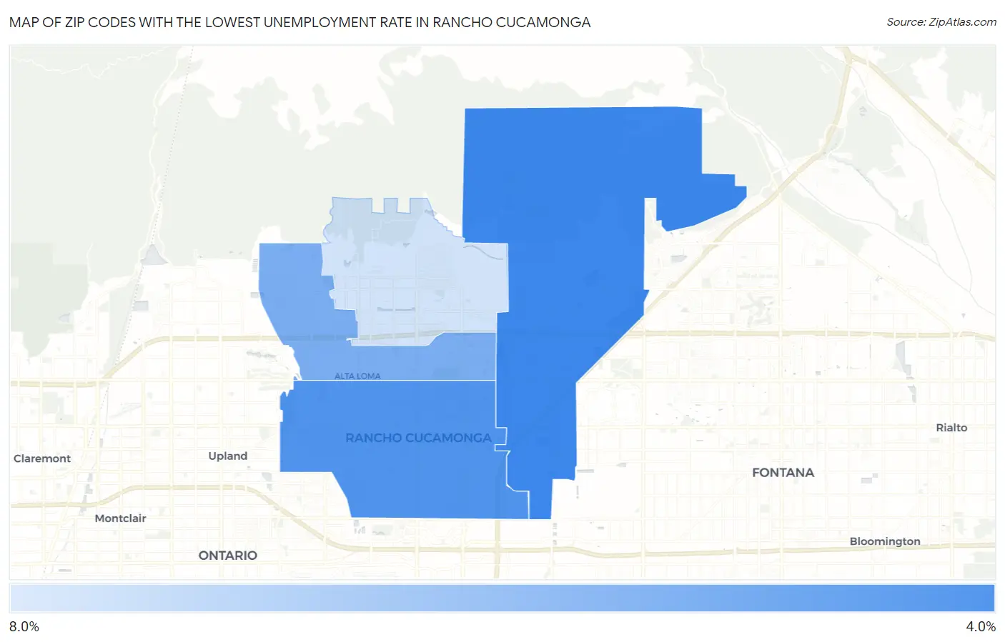 Zip Codes with the Lowest Unemployment Rate in Rancho Cucamonga Map