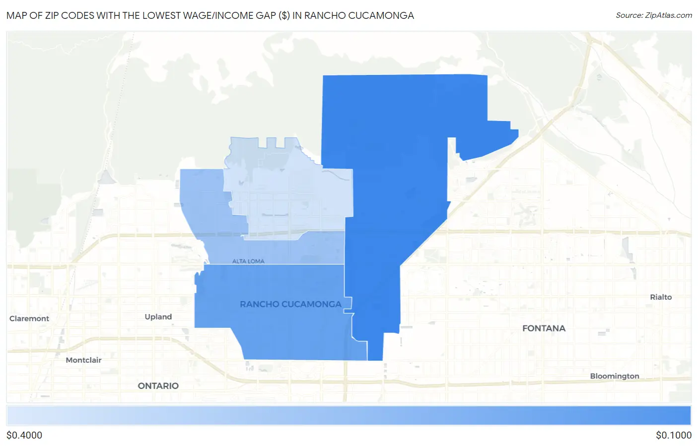 Zip Codes with the Lowest Wage/Income Gap ($) in Rancho Cucamonga Map