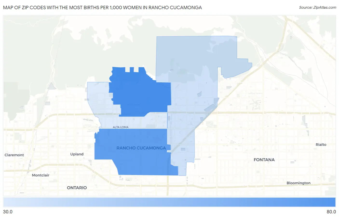 Zip Codes with the Most Births per 1,000 Women in Rancho Cucamonga Map