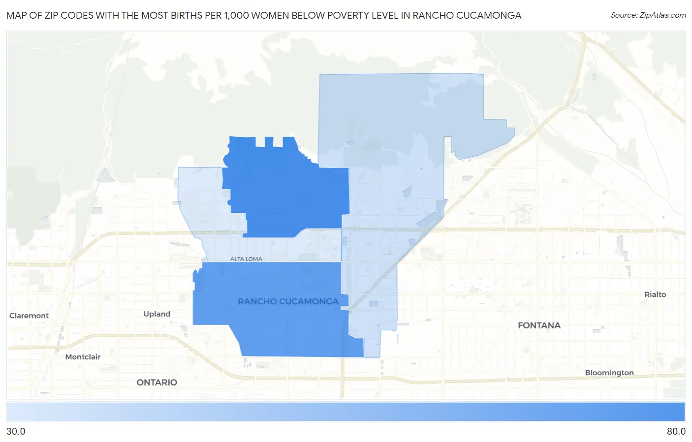 Zip Codes with the Most Births per 1,000 Women Below Poverty Level in Rancho Cucamonga Map
