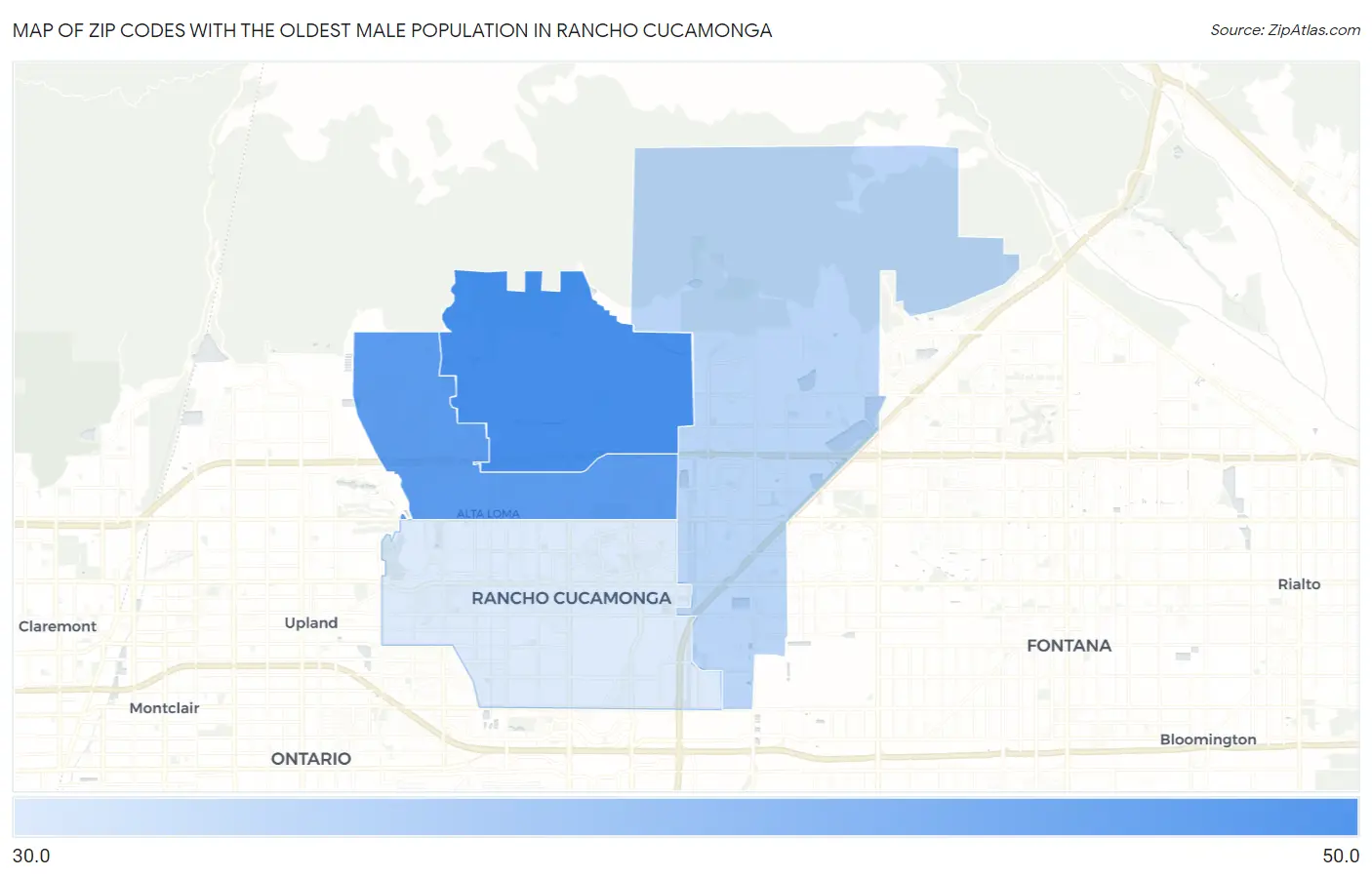 Zip Codes with the Oldest Male Population in Rancho Cucamonga Map