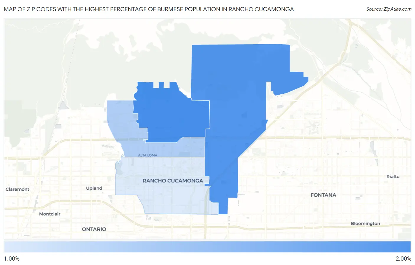Zip Codes with the Highest Percentage of Burmese Population in Rancho Cucamonga Map