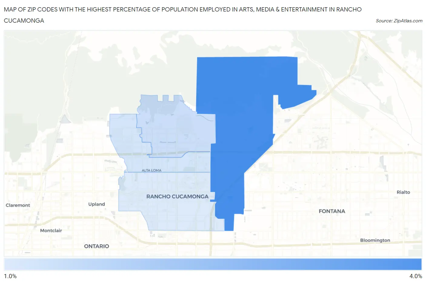 Zip Codes with the Highest Percentage of Population Employed in Arts, Media & Entertainment in Rancho Cucamonga Map